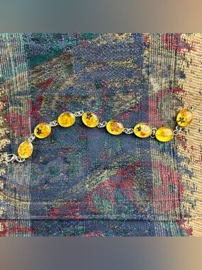 Vintage 925 Sterling Silver preserved flowers lucite bracelet